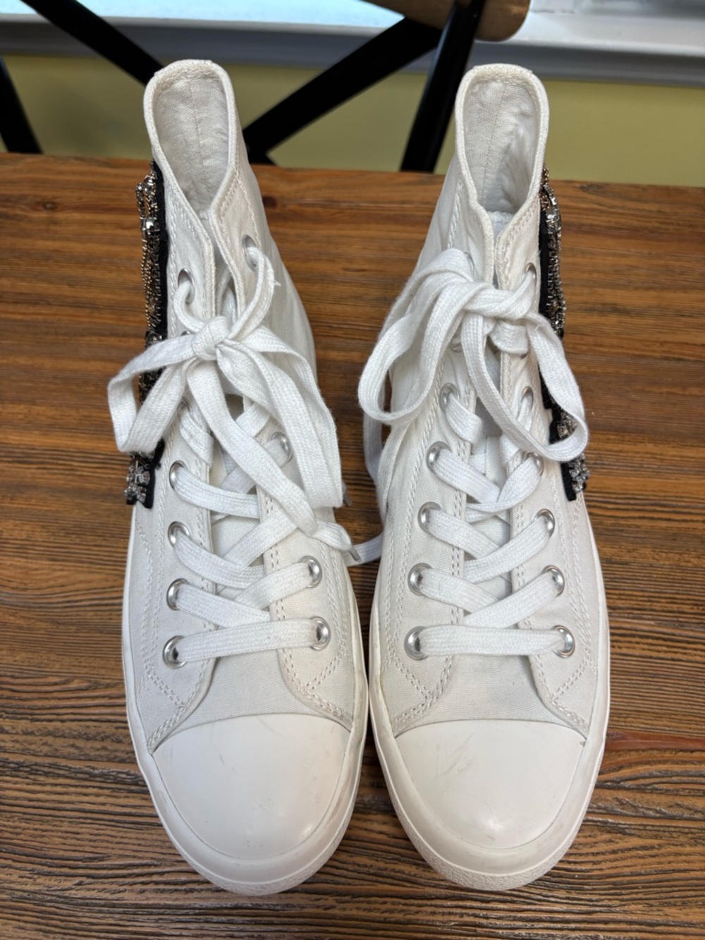 Lauren Lorraine White High-Top Sneakers with Black Beaded Patches and Chains - Picture 2 of 16
